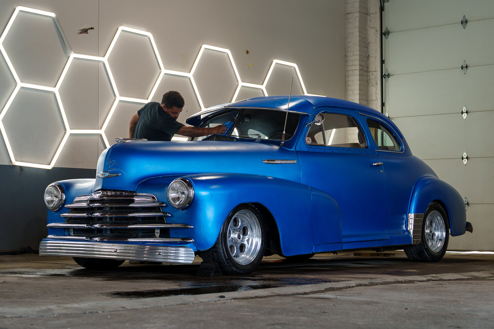 Hand-detailing the 1947 Chevy coupe
